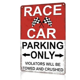 Race Car Wall Decor for Boys Bedroom – Vintage Tin Parking Only Sign, 8x12 Metal Wall Art for Garage, Man Cave, Kids Racing Room Gift