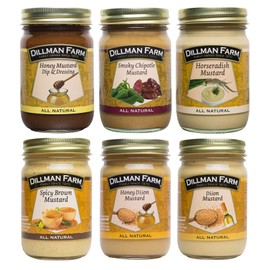 Dillman Farm All Natural Gourmet Mustard Variety Pack (6 pack) |Honey Mustard, Smoky Chipotle Mustard, Horseradish Mustard, Spicy Brown Mustard, Honey Dijon Mustard, Dijon Mustard| - Gluten-Free, Non-GMO, Vegan, Kosher, Eco-Friendly, Preservative Free, Corn Syrup Free - Made in USA, 13 oz (Pack of 6)