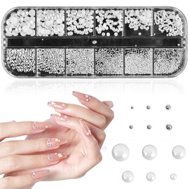 1 Box Nail Art Rhinestones, White Pearls for Nails, Half Round Pearl Balls, Nail Pendants, Stainless Steel Beads, White Flat Back Beads for Women, Nail Decorations