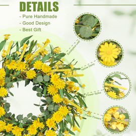 Artgar Spring Wreaths for Front Door, 24 Inch Yellow Daisy Wreath, Artificial Spring Summer Wreath with Eucalyptus Leaves Paper Flowers for Indoor Outdoor Home Door Window Wall Wedding Decor
