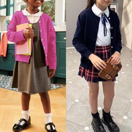 UELoop Girls' Cardigan with Crew Neck [Cute Flower Buttons] Cotton Pullover Long Sleeves Uniform for 5-14 Years Girls, #2 White