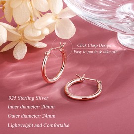 Loutade Silver Hoop Earrings for Women, 925 Sterling Silver Huggie Hoop Earrings Set, Hypoallergenic Rose Gold Sleeper Huggie Earrings, Lightweight Rose Gold 20mm Hoop Earrings for Xmas Birthday