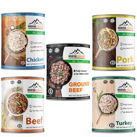 Mountain Essentials Canned Meat Sampler Pack 28 Oz Chicken, Turkey, Pork, Beef, Ground Beef Fully Cooked Ready to Eat Canned Meat Perfect for Camping or Home Meals Emergency Food 1 Can For Each