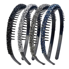 FloralGrace Pack of 4 Black Silver Grey Dark Blue Rhinestone Headband for Women, with Teeth, Non-Slip Headbands, Comb Hair Bands Made of Crystal, Glittering Hair Bands for Women