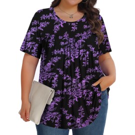 Womens Plus Size Tops Tunic Short Sleeve Crew Neck Shirts Casual Soft Blouse Black Purple Flowers 3X
