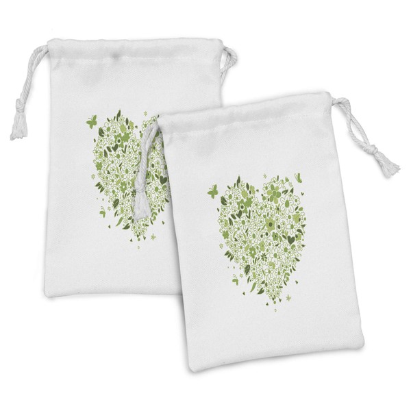 Lunarable Green Fabric Pouch Set of 2, Sketch Style Heart