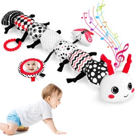 Baby Toys 0-12 Months - Musical Caterpillar Stuffed Animal Soft Plush Toys for Infant Girls Boys 3 6 12 Months Tummy Time Sensory High Contrast Black White Newborn Toys Gifts, W/ Mirror Rattle