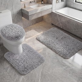 Juego de 3 Alfombras de Baño, Alfombrilla de Contorno y Tapa de Inodoro, Funda de Asiento de Inodoro y Tapa de Inodoro para Baño Suave con Parte