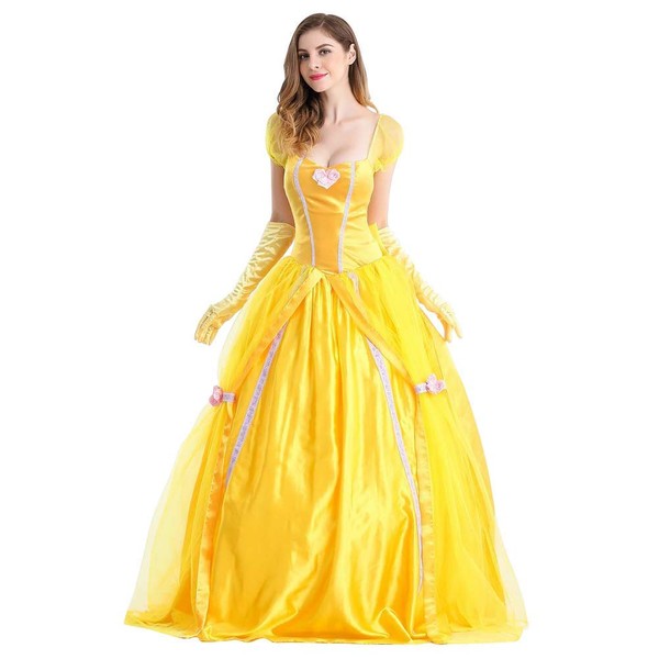 Women's Belle Dress Adult Halloween Carnival Princess Costume Festive Cosplay Party Yellow Maxi Dress with Gloves Fairy Tale Wedding Fancy Dress Christmas Classic Deluxe Outfits, yellow