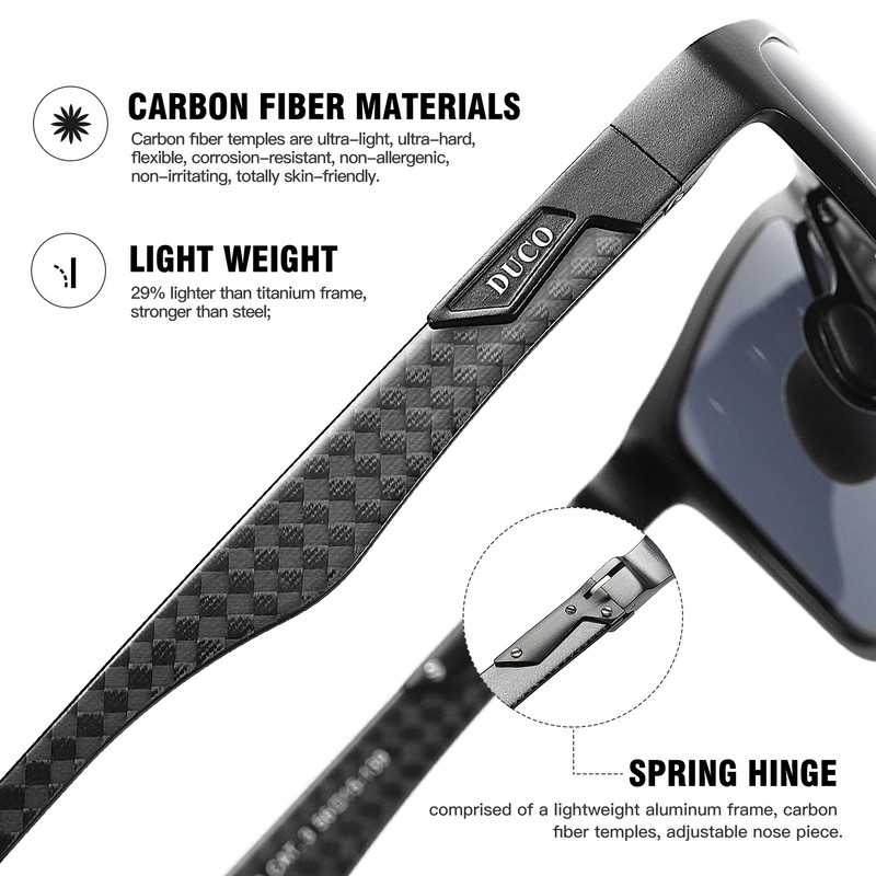DUCO Sunglasses for Men Carbon Fiber Temples with Rectangular Polarized