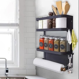 Magnetic Spice Rack for Refrigerator Magnetic Spice Rack with Paper Towel Holder with 2-Tier Shelf Spice Rack Strong Magnetic Backing with 3 Hooks for Kitchen Storage, Freezer,Grill Silver - Color: M-Black