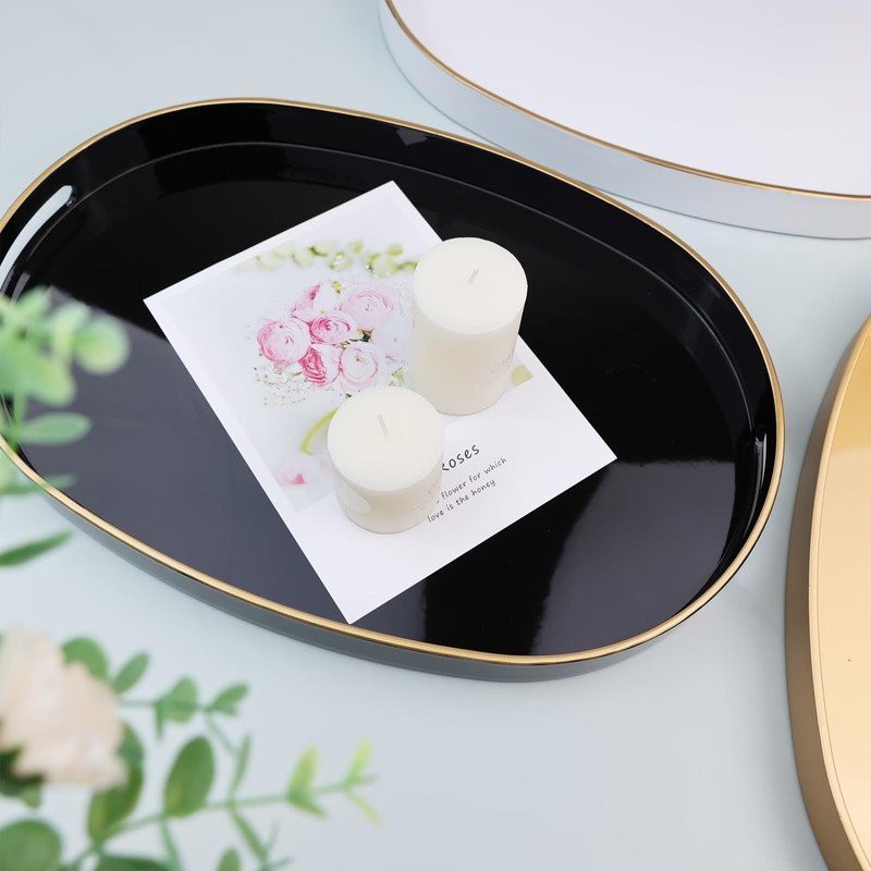 Omuriko Black Oval Decorative Tray with Handles, Versatile Serving Tray