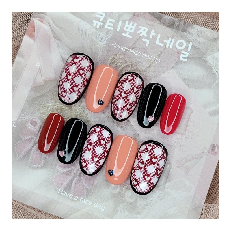Heart Check Handmade Nail Tip - Oval S / 하트