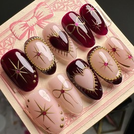 24pcs Pink Press On Nails Medium Almond Black Red Fake Nails With 3D Gem Design Reusable Full Coverage Acrylic Nails Heart Bow Star Stick On Nails for Women Daily Manicure Decoration Supplies