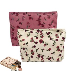 Travel Makeup Bag, 2Pcs Rose Flower Printing Corduroy Toiletry Bag, Large Capacity Floral Toiletry Bags Floral Makeup Bags for Ladies and Girls(Red/Beige)