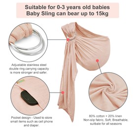 vrbabies Baby Sling Carrier,Double-Ring Baby Sling Newborn to Toddler,Lightweight Baby Wrap Carrier for Front & Hip Carry(10 to 30 LB) Pink