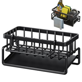Kitchen Sink Caddy Organizer, XLYBSST Versatile Stainless Steels Sink Shelf Kitchen Sink Storage with Draining Tray and washcloth Rack (Black)