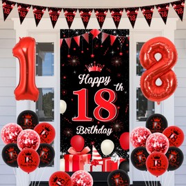 JOYMEMO Red Black 18th Birthday Decorations Girl Boy, 18th Milestone Birthday Door Banner Cover, Triangle Flags and Latex Printed Confetti Balloons, 18 Years Old Birthday Party Supplies
