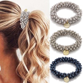 Reaky Pearl Hair Ties Blue Beads Hair Scrunchies Elastic Ponytail Holder 3 Pcs Pearls Hairband Hair Accessories for Women (Type B)