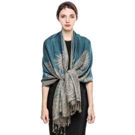 Pashmina Scarf Women Luxury Reversible Shawl Paisley Wrap Blanket Scarves with Fringes 78.5'' X27.5'', #12 Turquoise, Large