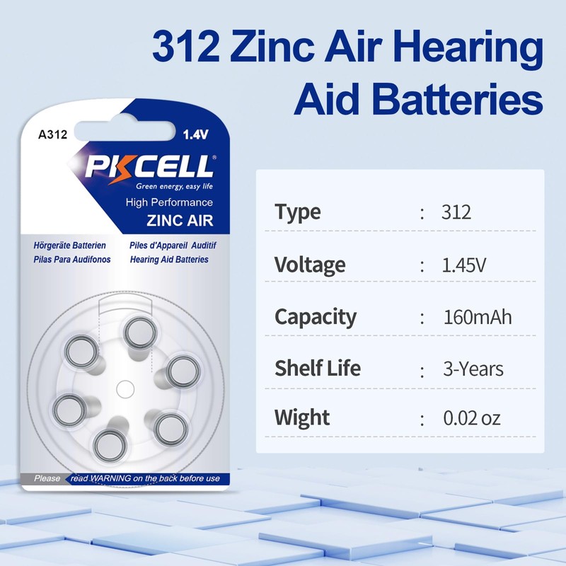PKCELL Hearing Aid Batteries Size 312, Mercury Free Hearing Aid