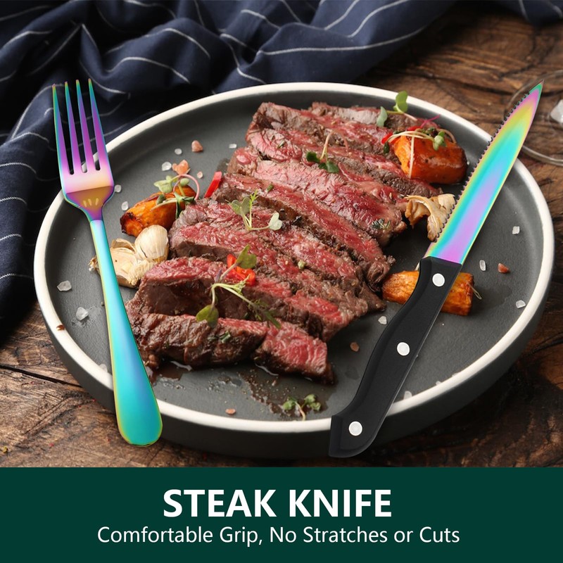 KOOMADE Rainbow Silverware Sets with Steak Knife - 24 PC