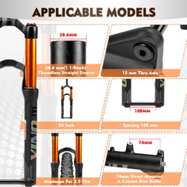 BUCKLOS YINO 24 inch MTB Air Suspension Fork 120mm Travel, QR 9mm/100 * 15mm Thru Axle Disc Brake, 1-1/8" Straight Tube Manual Lockout XC AM Ultralight Mountain Bike Front Forks