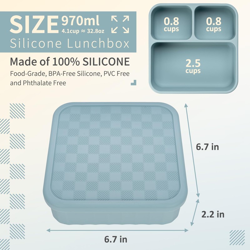 Silicone Bento Box 3 Compartment Lunch Containers,Reusable Lunch Box Containers