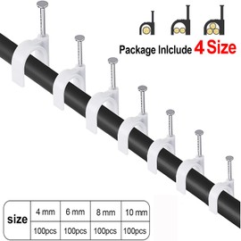 400pcs Cable Nail Clips, 4 Size(4mm 6mm 8mm 10mm) Durable Round Nails Cable Clips, Wire Tidy Clips Pins Cable Tacks for Ethernet, Electrical Cables, Wires