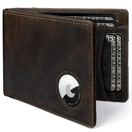 Mens Wallet with AirTag Holder, Bifold Full Grain Leather AirTag Wallet with ID Window RFID Blocking Gifts for Men, Dad, Husband, up to 12 Cards