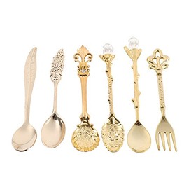 6 Unidad Juego de Cuchara Tenedor Vintage Cuchara de Metal para Helado Café y Fruta Mini Vajilla Portátil Barra de Cocina de Vajilla(Dorado)