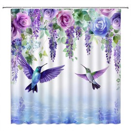 ZRUWUA Hummingbird Floral Shower Curtain Watercolor Flower Spring Bird Plant Wisteria Blossom Weeping Rustic Garden Nature Bathroom Decor Curtain with Hooks,Purple