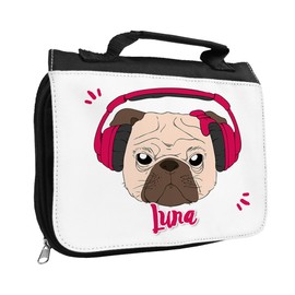 Kulturbeutel mit Namen Luna und Motiv - Mops mit Kopfhörer pink - für Mädchen | Kulturtasche mit Vornamen | Waschtasche für Kinder