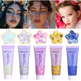 Brillo facial para el cuerpo, purpurina para el cabello, gel con purpurina gruesa para niñas, maquillaje, cantante, conciertos, festival de sirena, lentejuelas, pintura facial (blanco, plata, rosa