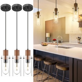 Emak 3 Pack Mini Pendant Lights Kitchen Island, Black Pendant Light with Clear Glass Shade, Wood Grain Painted, Modern Farmhouse 3 Light Hanging Lights for Kitchen, Bedroom, Bathroom, PL120-BK-3PK