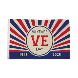 VE Day 2025 Woven Polyester Flag with Eyelets, 3 Sizes Available: 3ft x 2ft, 5ft x 3ft, 8ft x 5ft (5 ft x 3 ft (150 cm x 90 cm))
