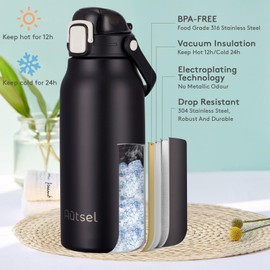 Autsel 1.7L Stainless Steel Water Bottle with Straw Large Metal Water Bottles Flask with Handle Double Walled Insulated Sports Water Bottle Leakproof for Gym Sports