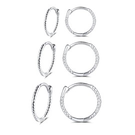 Cangall Silver Hoop Earrings for Women, 3 Pairs Sterling Silver Twisted Rope Hoop Earrings Set, Hypoallergenic Earrings Small Simple Cartilage Sleeper Silver Hoop Earrings for Multiple Piercings