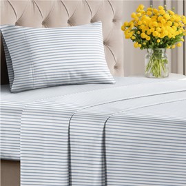 3 Piece Striped Sheets for Twin XL Size Bed – Flat Sheet 66 x 102, Fitted Sheet 39 x 80 and 1 Pillowcase 20 x 30 – Deep Pocket, Soft, Blue and White Pinstripe Bed Sheets – Oeko-TEX Stripe Sheet Set