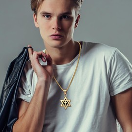 Rofusn Star of David Necklace for Men Women: Gold Stainless Steel Religious Cross Pendant Jewish Jewelry
