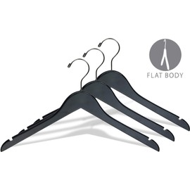 Black Wooden Top Hanger, Box of 8 Hangers with Chrome Swivel Hook and Notches for Hanging Straps, Great for Shirt or Dress