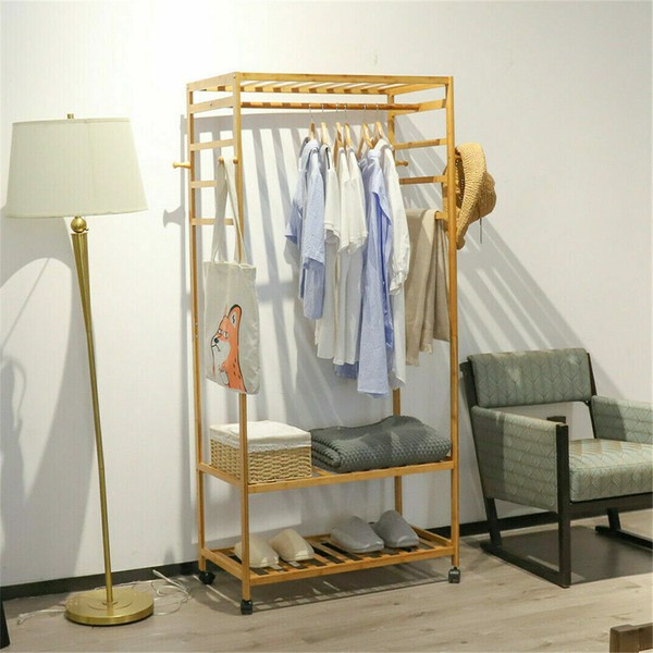 High Strength Bamboo Clothes Rail Scarf Hanging Garment Coat Rack Rolling Stand