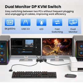 8K@60Hz Dual Monitor Displayport KVM Switch 2 Monitors 2 Computers, USB 3.0 4K@120Hz DP KVM Switch for 2 PCs Share 2 Monitors and 4 Port USB 3.0 to Connect Keyboard, Mouse, Printer and More