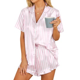 HOTOUCH Womens Pyjamas Silk Satin Set Two-Piece Button Down Short Sleeve Sleepwear Pjs Pink M