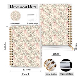 XUNLURY Coquette Pink Bow Floral Notebook, Aesthetic Preppy Bow Flower Journal, Chinoiserie Floral Journal, Grandmillennial French Country Hardcover Spiral Notebook, 5.5x8.3 Inch