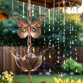 shumi 13ft Rain Chain for Gutters Downspouts Outside,Butterfly Rain Chain with 12 Copper Lotus Rain Chain Cups,Functional and Decorative Replacement for Gutter Downspouts