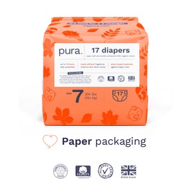 Pura Size 7 Eco-Friendly Diapers (33+lbs) Totally Chlorine Free (TCF) Hypoallergenic, Soft Organic Cotton, Sustainable, up to 12 Hours Leak Protection, Allergy UK, 3 Packs of 17 (51 Diapers)