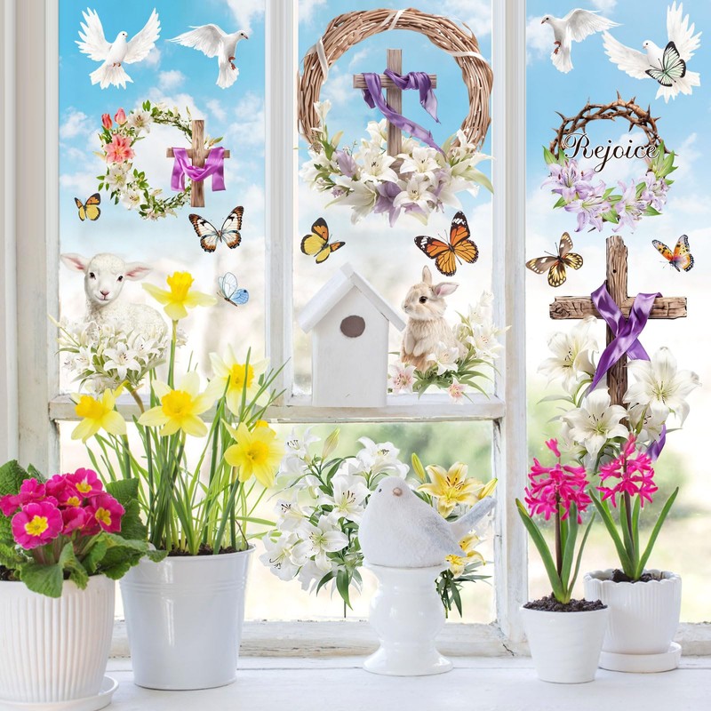 AhfuLife He is Risen Easter Window Stickers, 9 Sheets Reusable