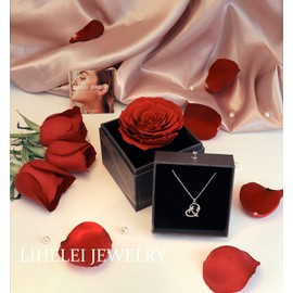 LIHELEI Preserved Roses Mother's Day Gift, Heart Chain Necklace for Women, Real Rose Flower Jewellery Gift Box for Mum Women on Mother's Day and Birthday -B