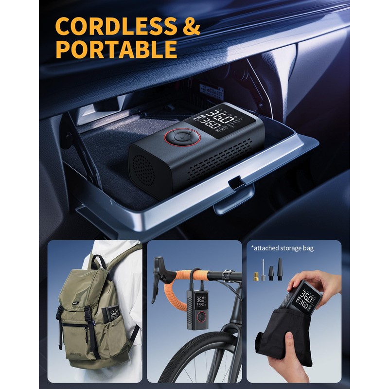 Powools Tire Inflator Portable Air Compressor, 150 PSI Cordless Bike